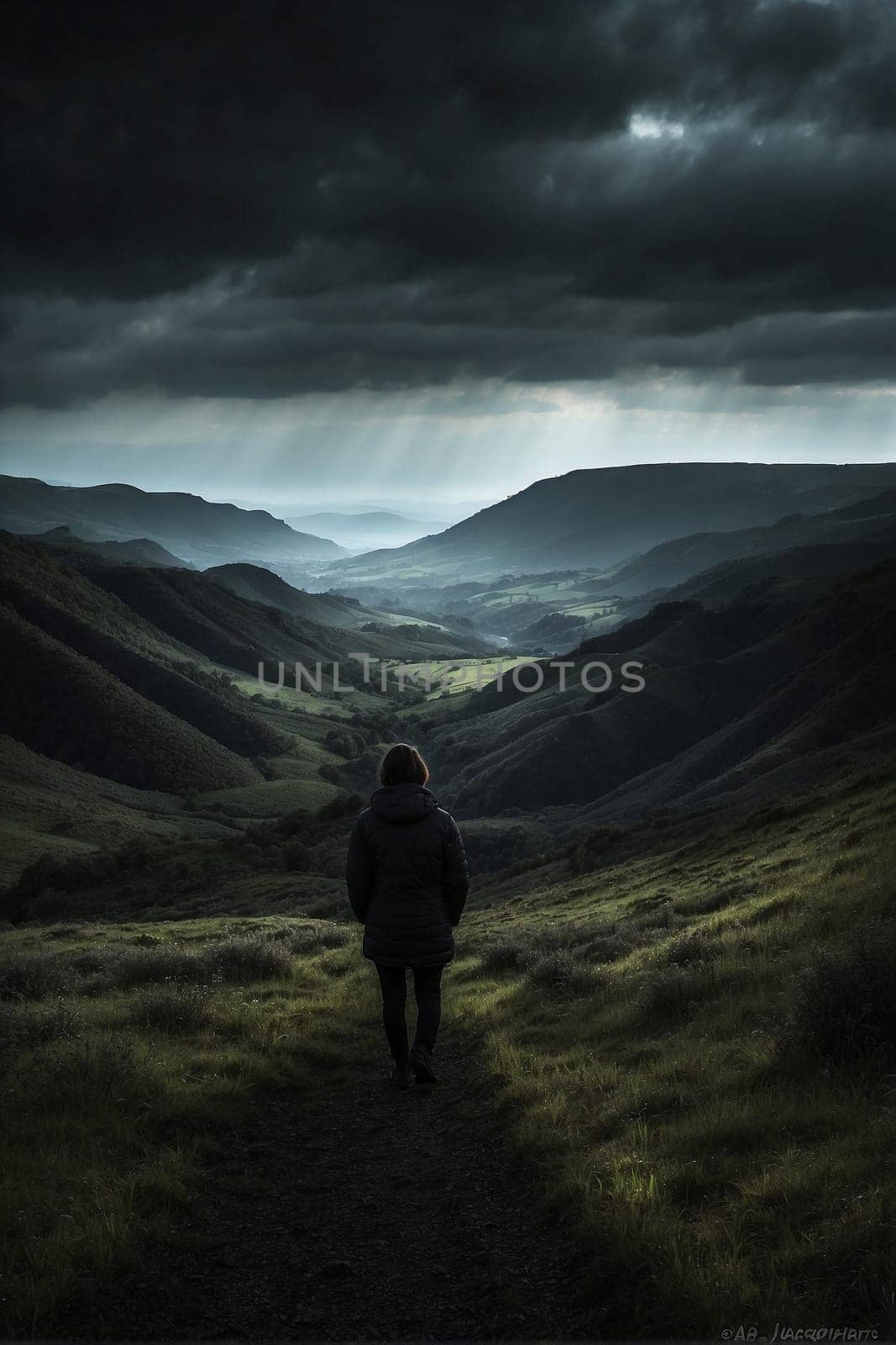 A person walks along a path in the middle of a vast, open field under a blue sky.