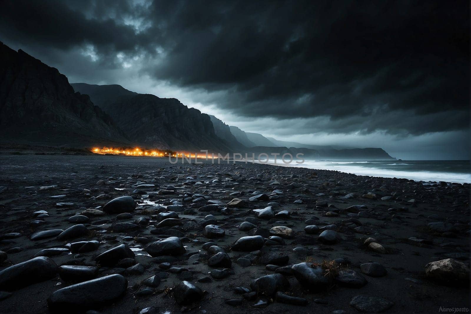 A photo of a beach at night, featuring a dark sky and the calm waves rolling towards the shore.
