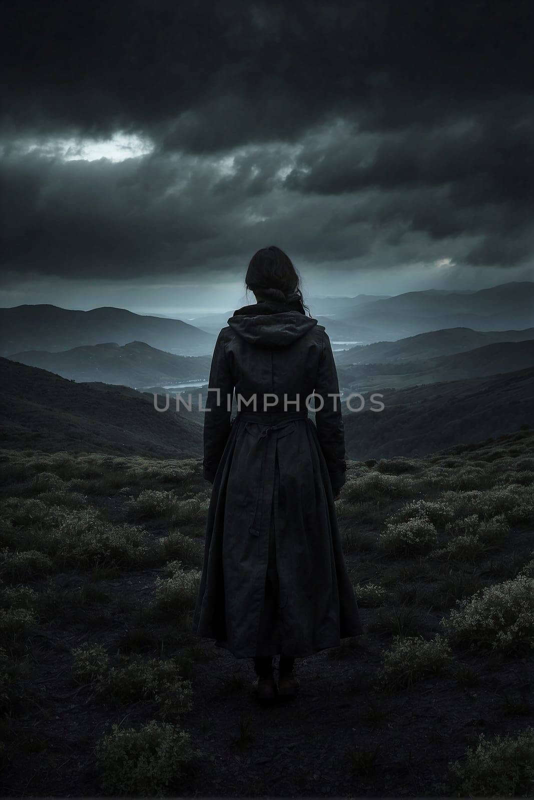 A woman stands alone in a field, framed by a dark sky in the background.