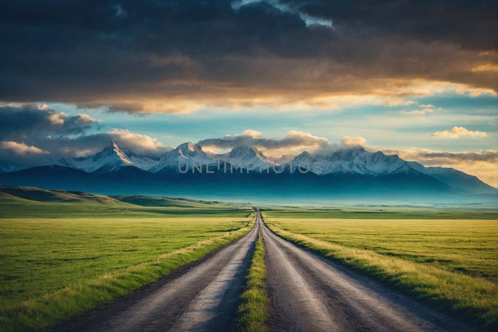A straightforward image of an empty road running through a vast field.