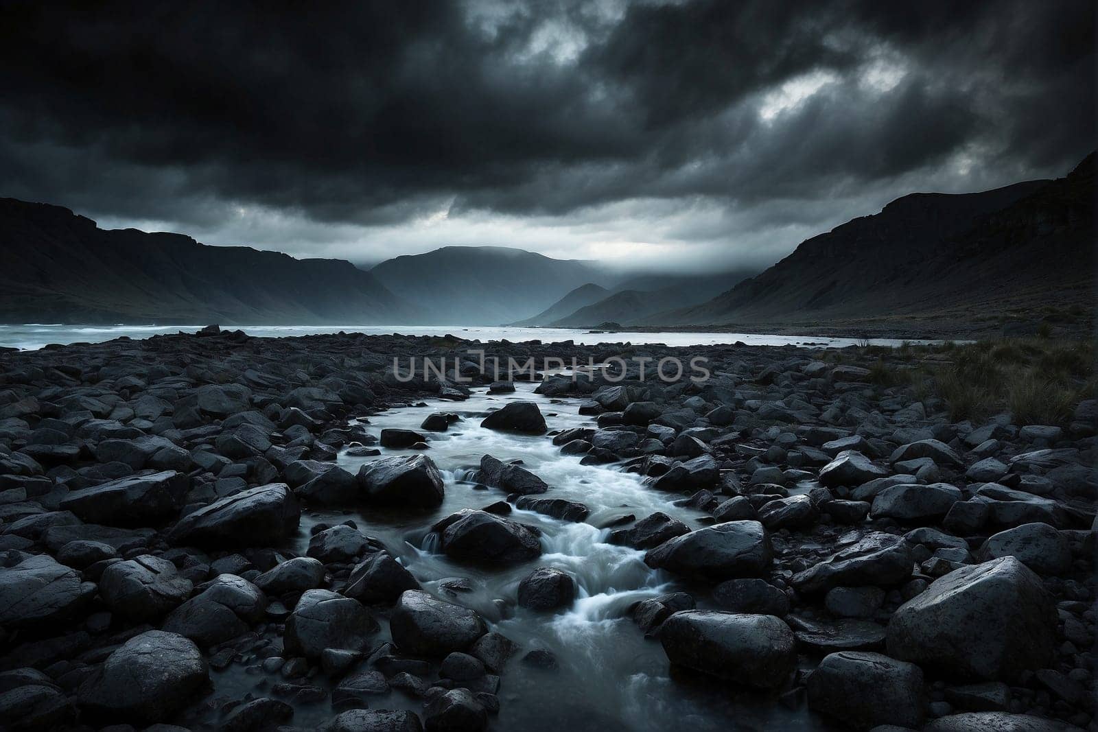 A stream of water runs through a section of a rocky river, surrounded by rocks and boulders, under a cloudy sky.