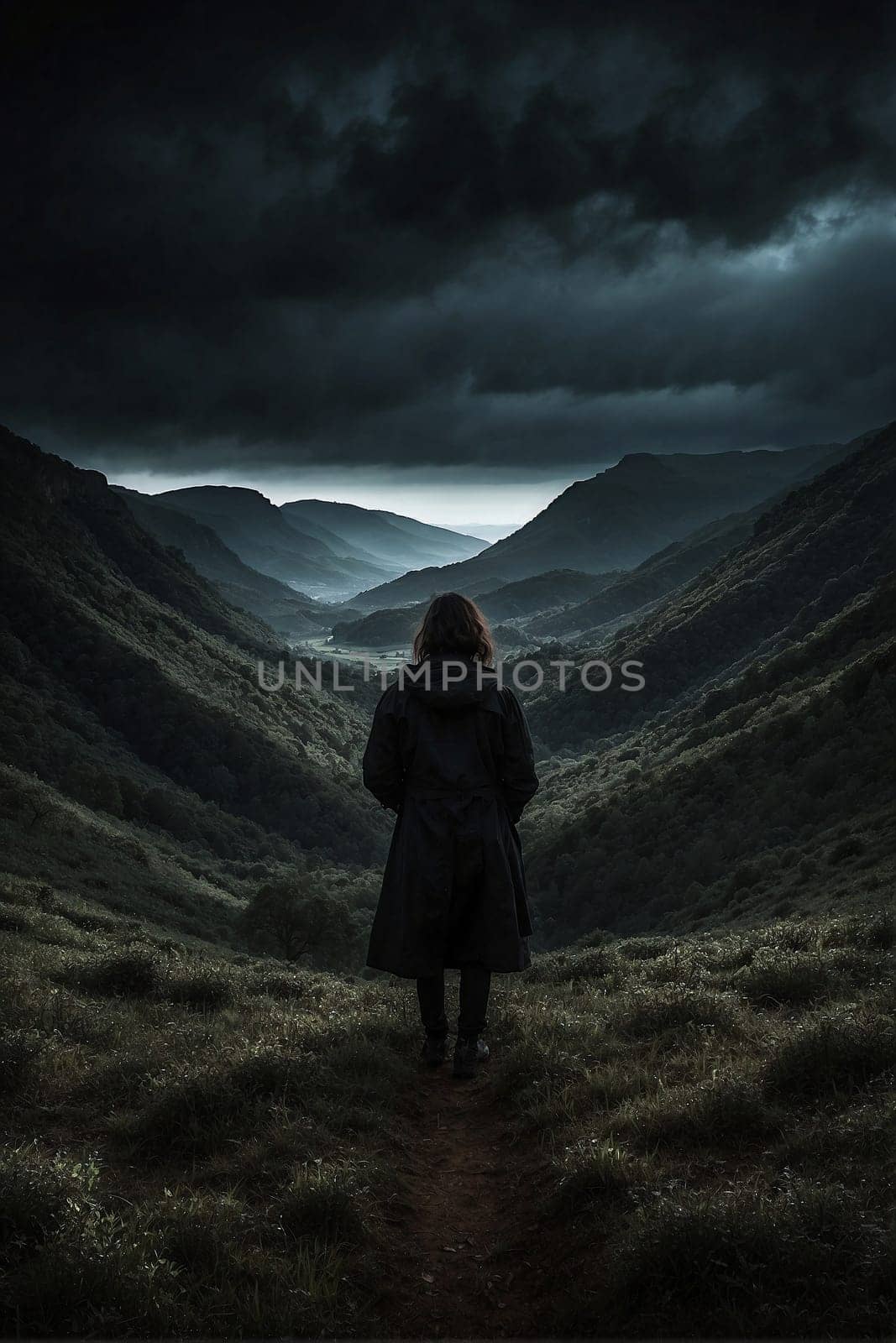 Person Standing in Field With Dark Sky Background. Generative AI. by artofphoto