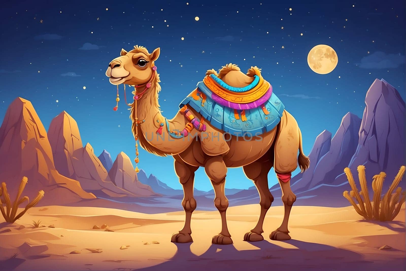 A camel stands in the desert at night, illuminated by the moonlight.