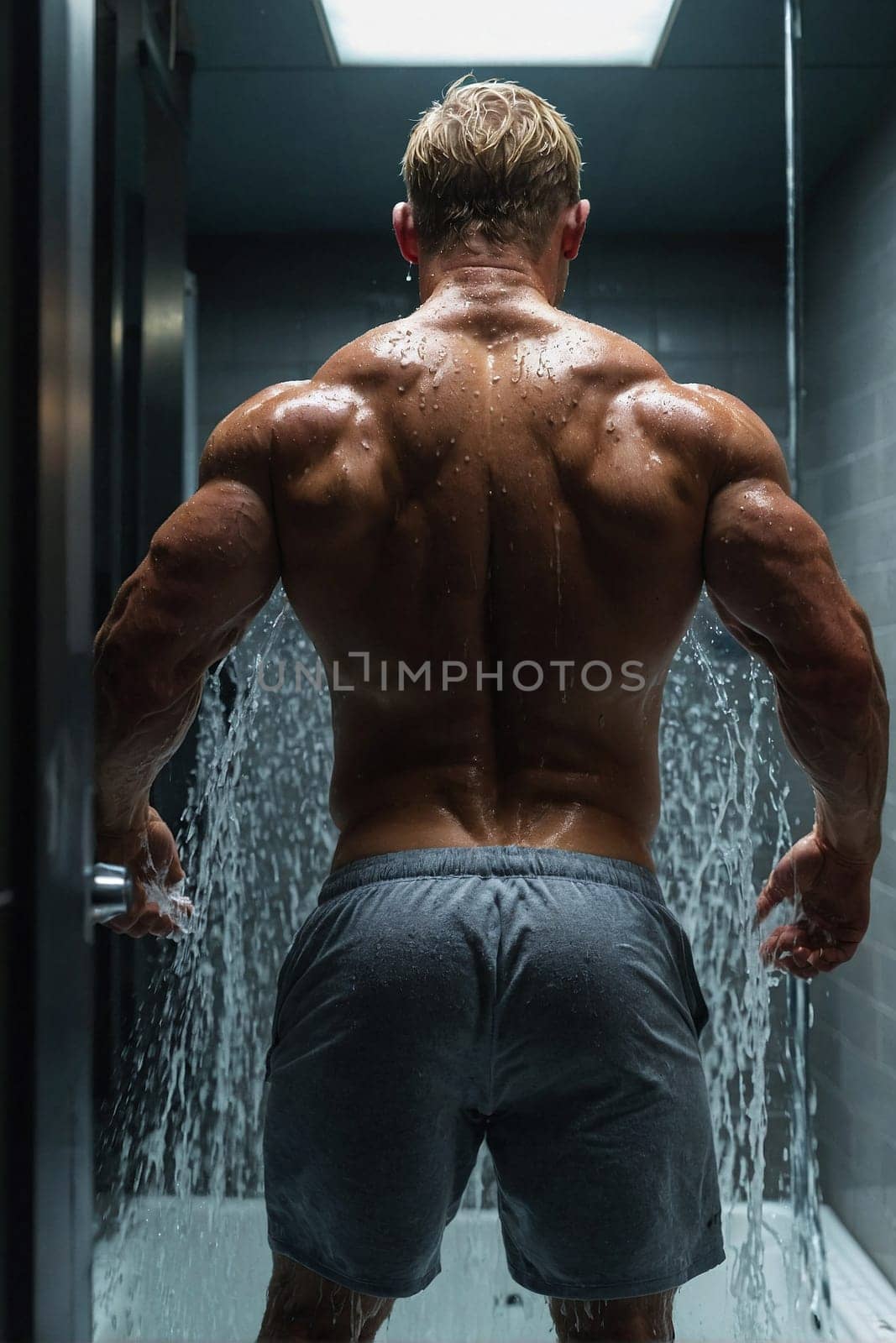 A handsome naked muscular man standing in a shower with his back facing the camera.