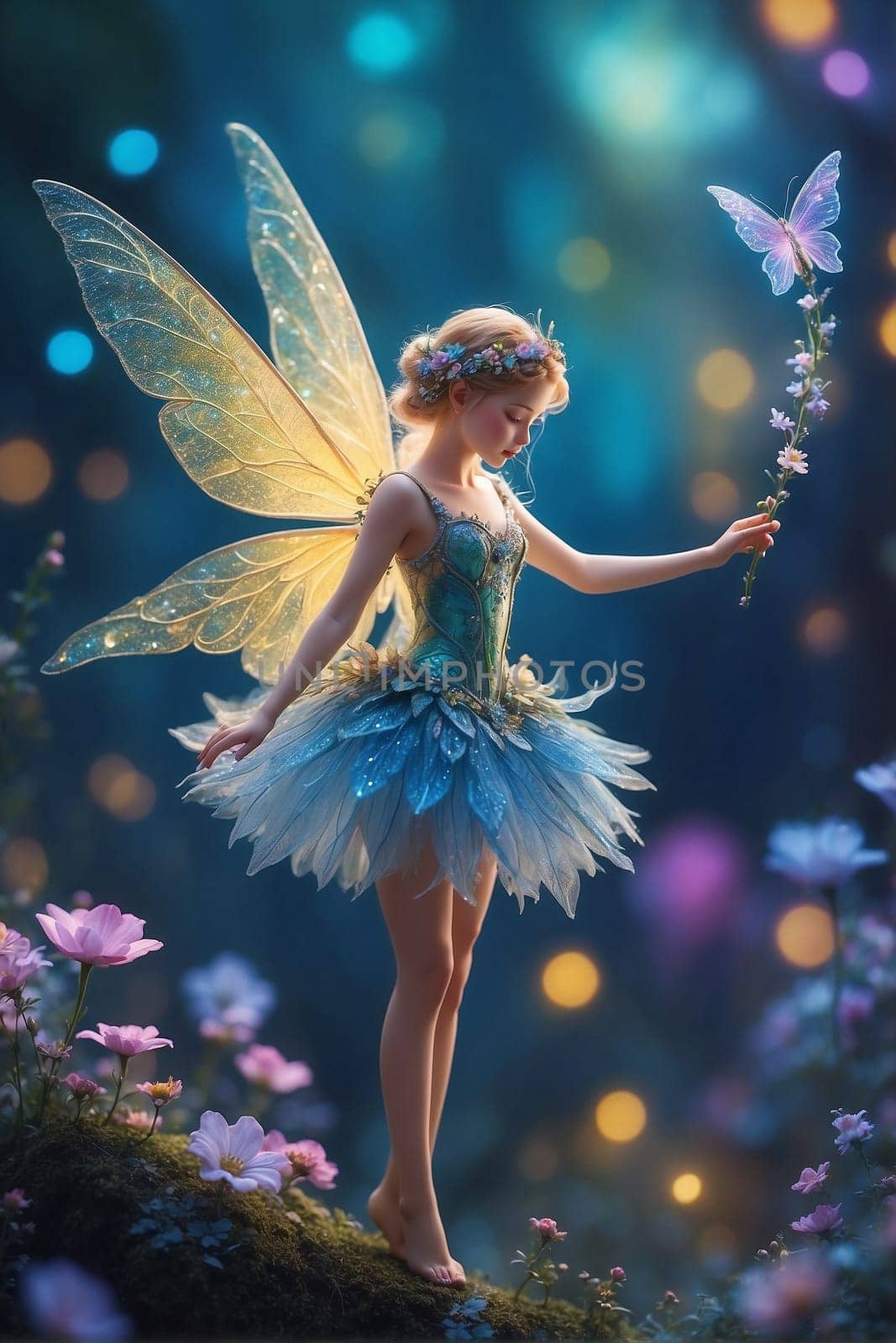 A little girl dressed as a fairy holds a flower in her hand.