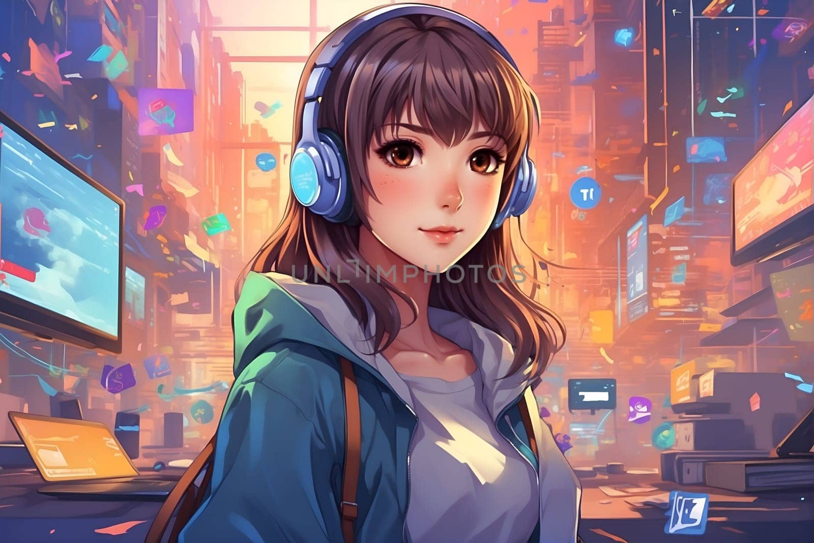 Woman Wearing Headphones in a City. Generative AI. by artofphoto