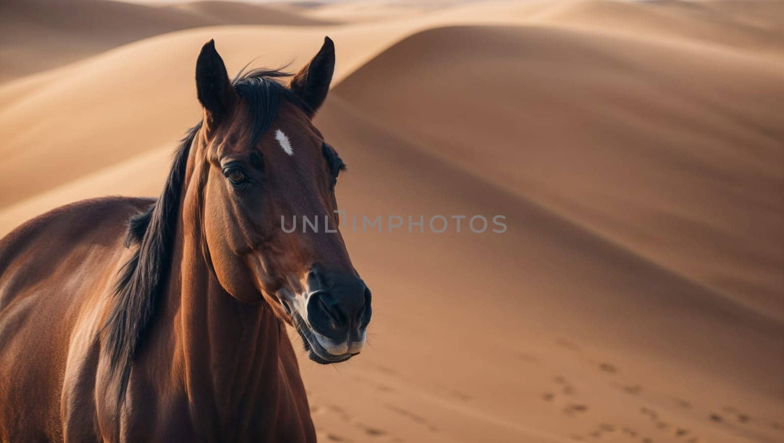 A horse stands alone in the vast expanse of a desert, surrounded by arid landscapes and distant sand dunes.