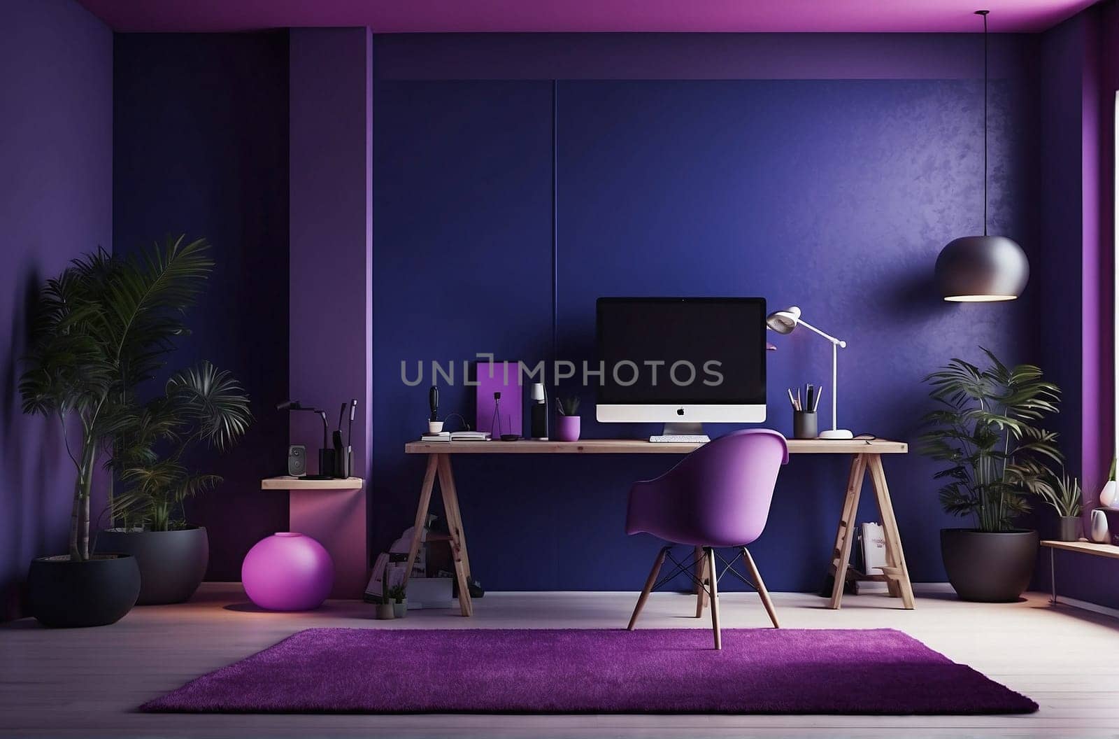 This photo depicts a room with vibrant purple walls and a matching purple rug, creating a cohesive color scheme.