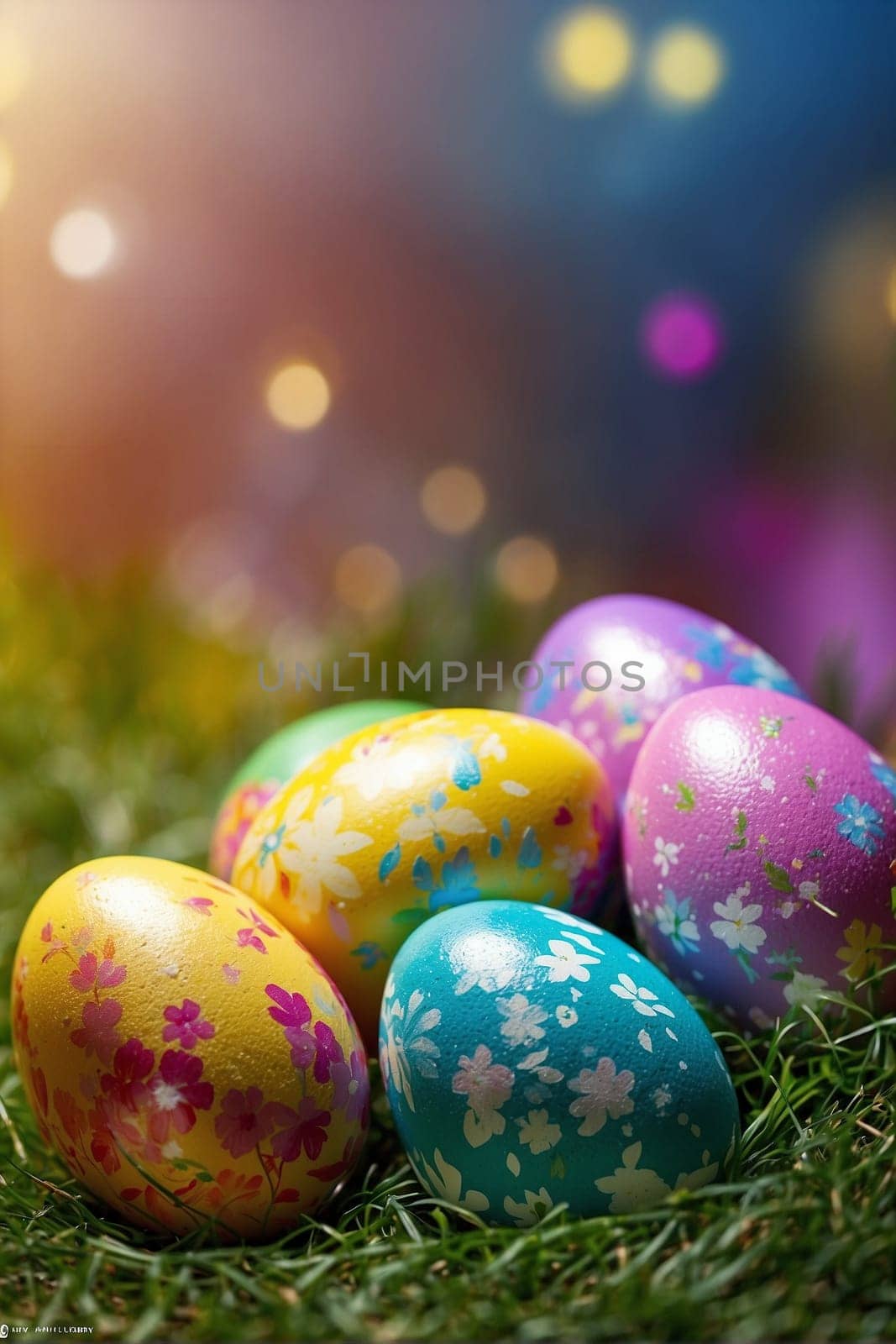 A vibrant group of eggs in various colors is placed on top of a lush green field.