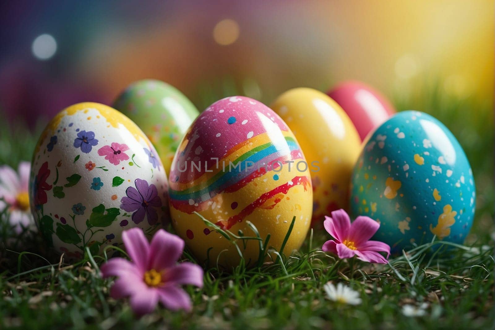 A collection of vibrant and decorated Easter eggs arranged neatly in the green grass, creating a festive and joyful scene.