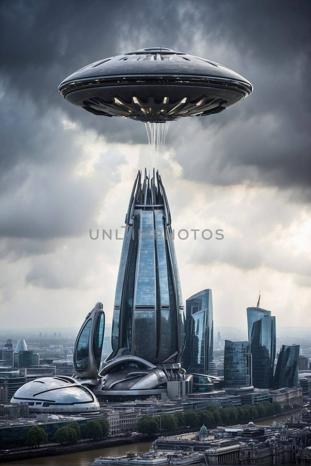 A futuristic cityscape with a flying saucer hovering in the sky.