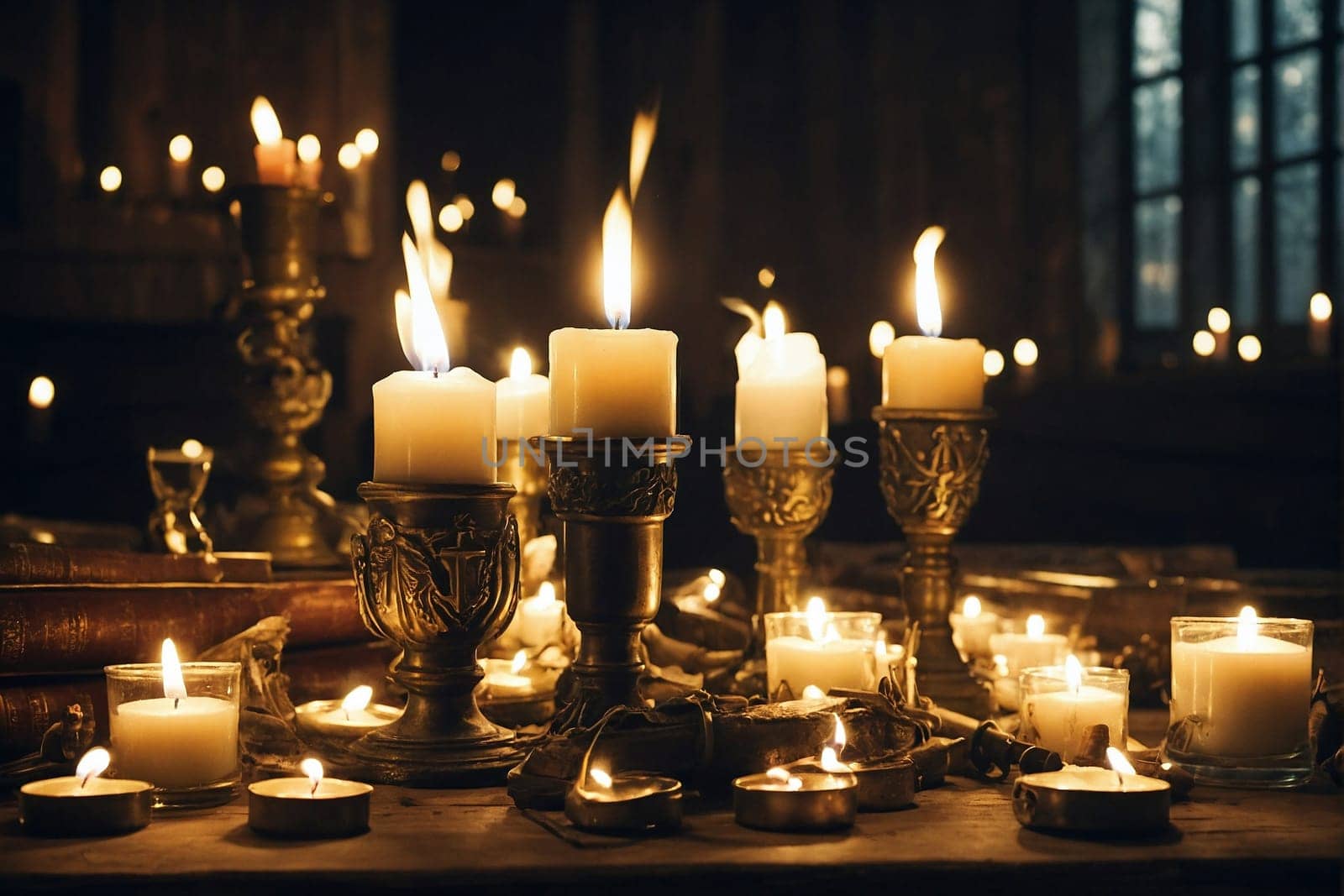 A table adorned with multiple lit candles creating an atmospheric and warm ambiance.