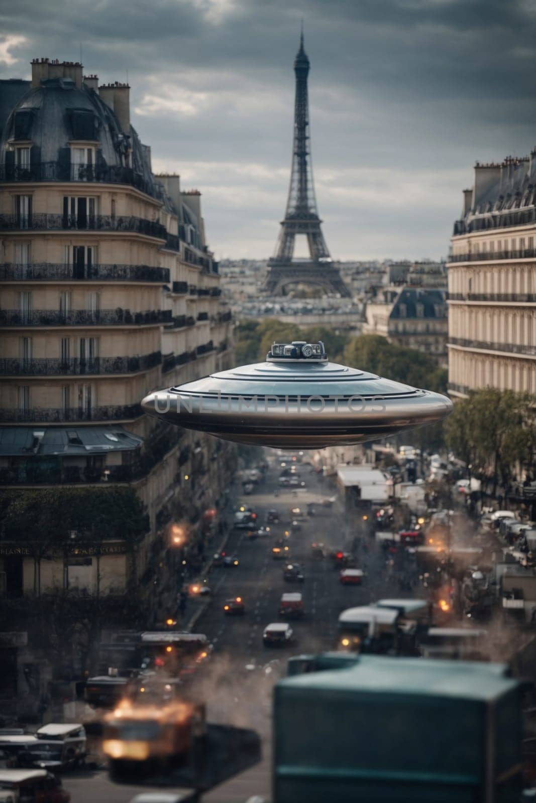 A flying saucer hovers above a teeming city, capturing the attention of onlookers with its otherworldly presence.