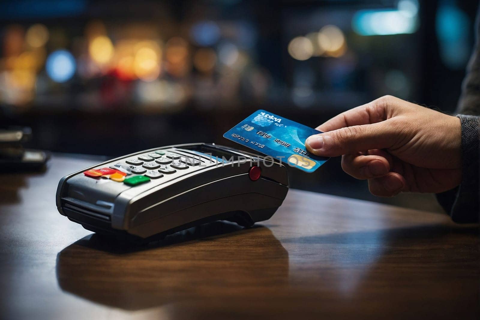 A person holding a credit card and a cell phone, possibly making a transaction or checking their account.