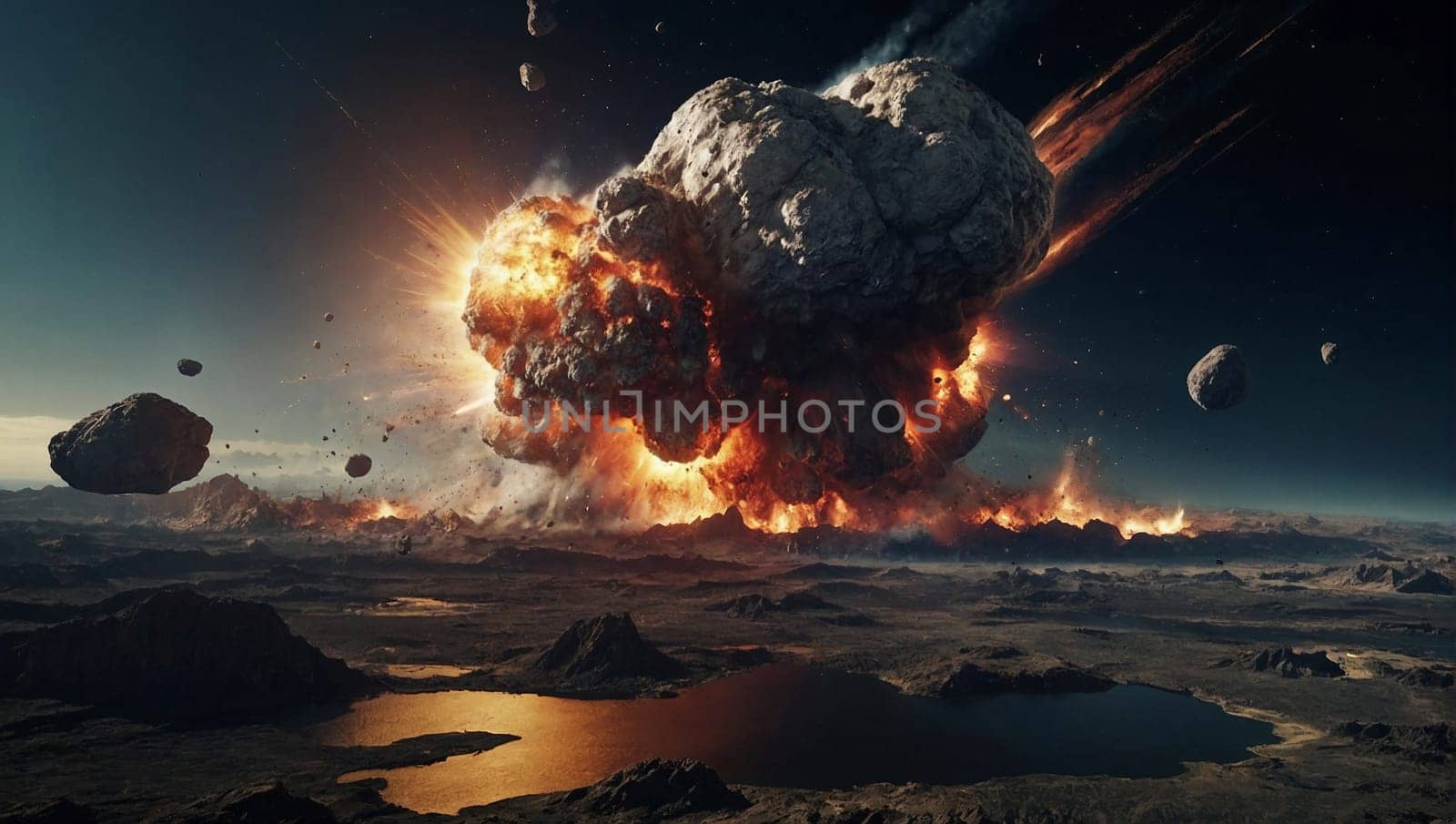 Massive Sky Explosion With Numerous Rocks. Generative AI. by artofphoto