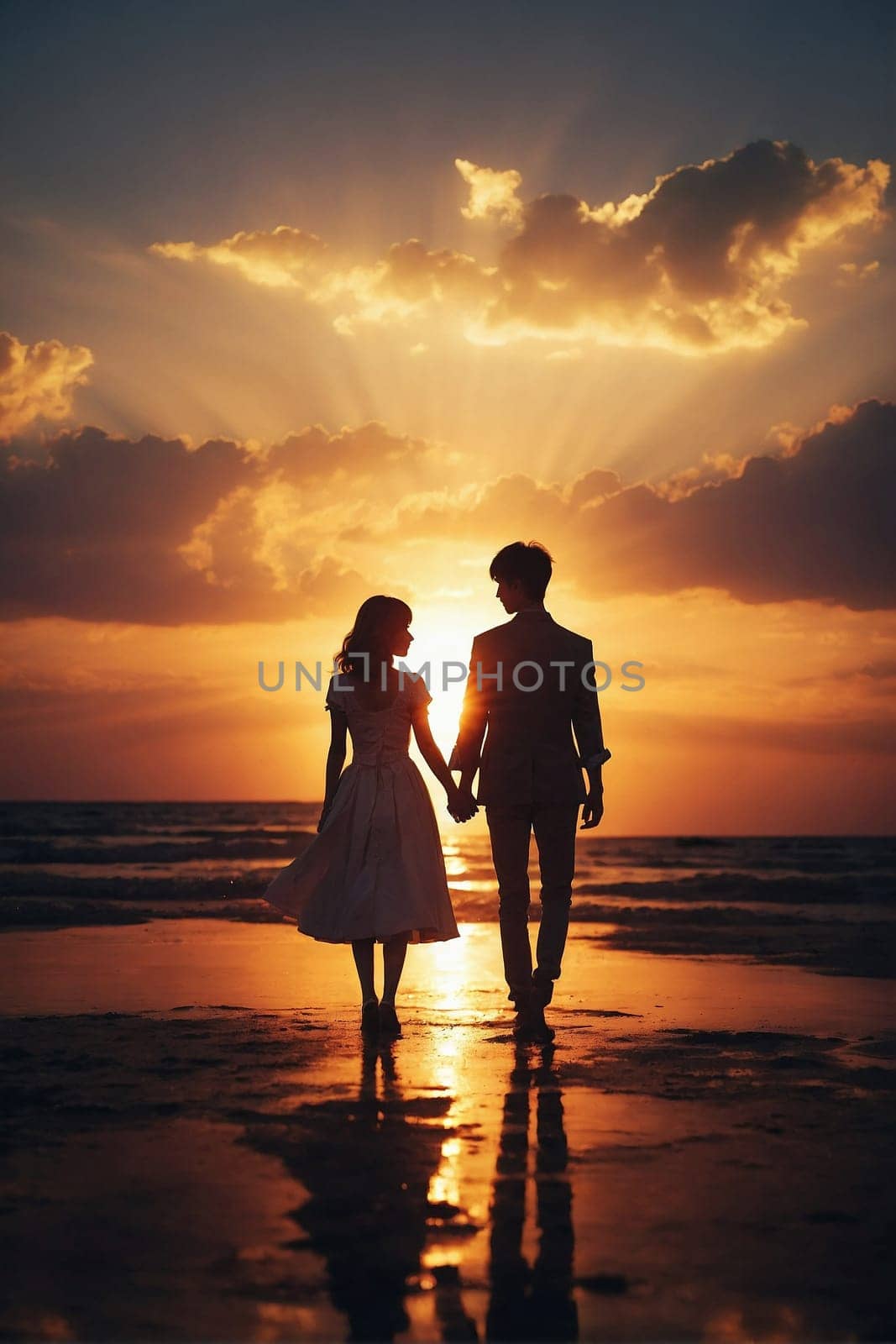 A Man and a Woman Holding Hands While Walking on the Beach. Generative AI. by artofphoto