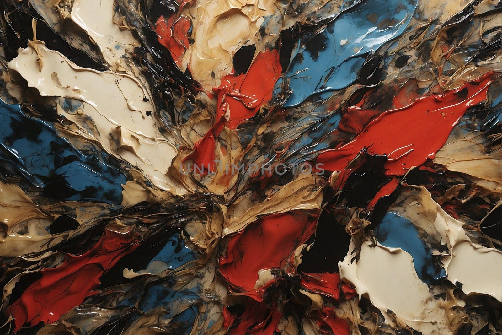 An abstract painting featuring vibrant red, white, and blue colors and expressive brushstrokes.