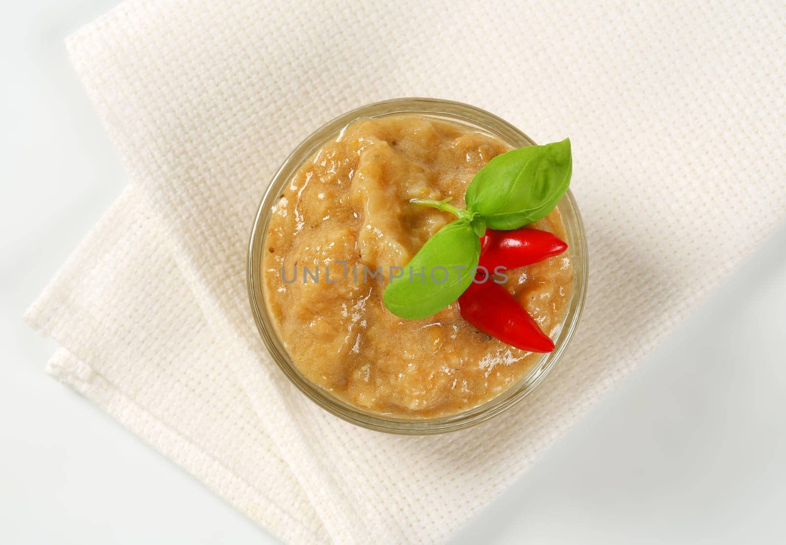 Eggplant (aubergine) dipping sauce or spread in small glass dish