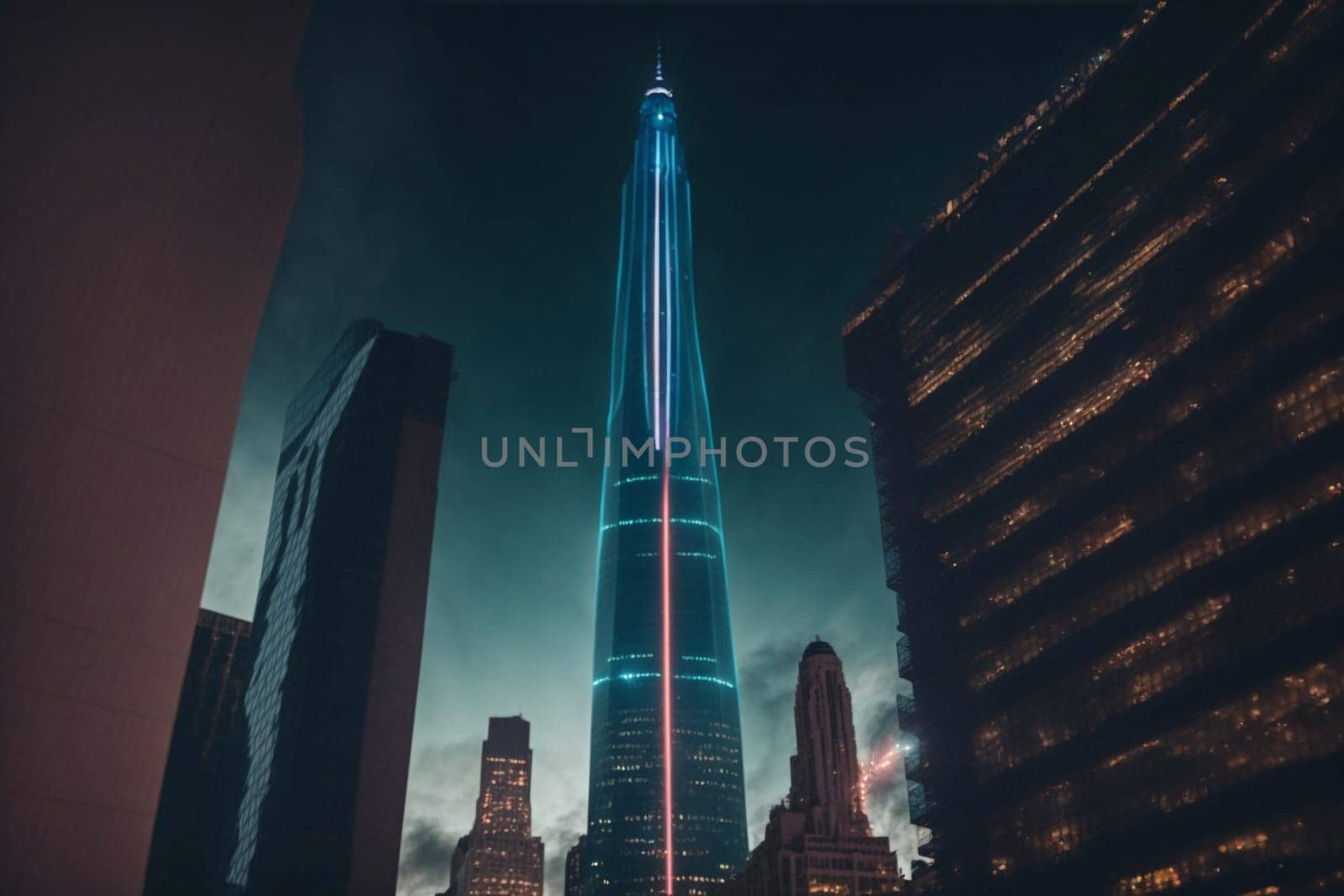 A Skyscraper Dominating a Cityscape at Night. Generative AI. by artofphoto