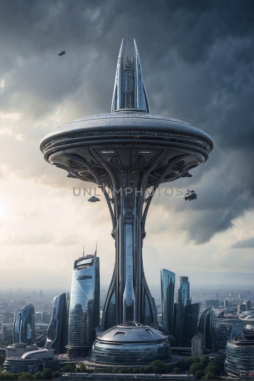 A modern city with towering buildings is seen under a cloudy sky, creating a futuristic urban environment.