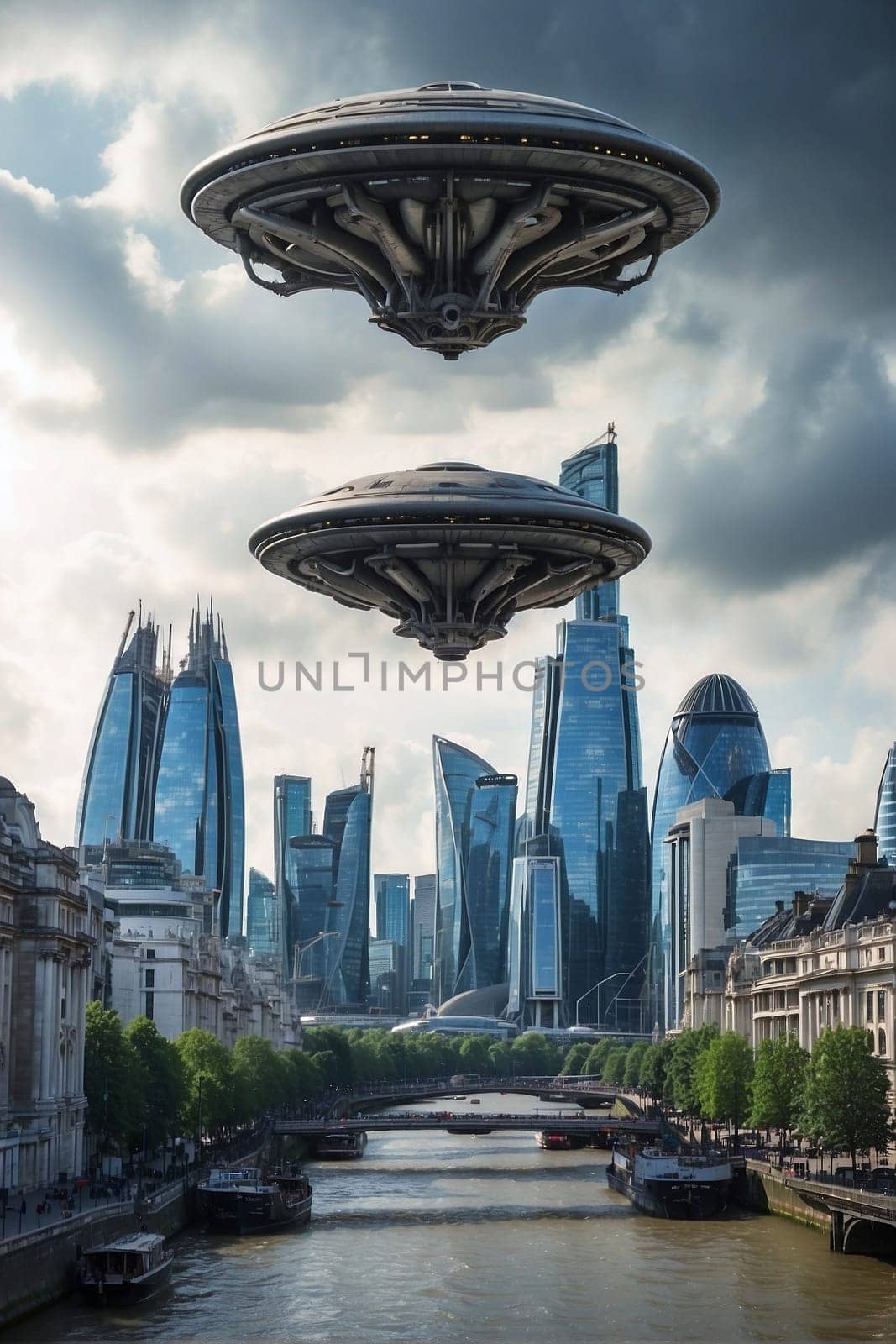 Floating Object in the Sky Above a City. Generative AI. by artofphoto