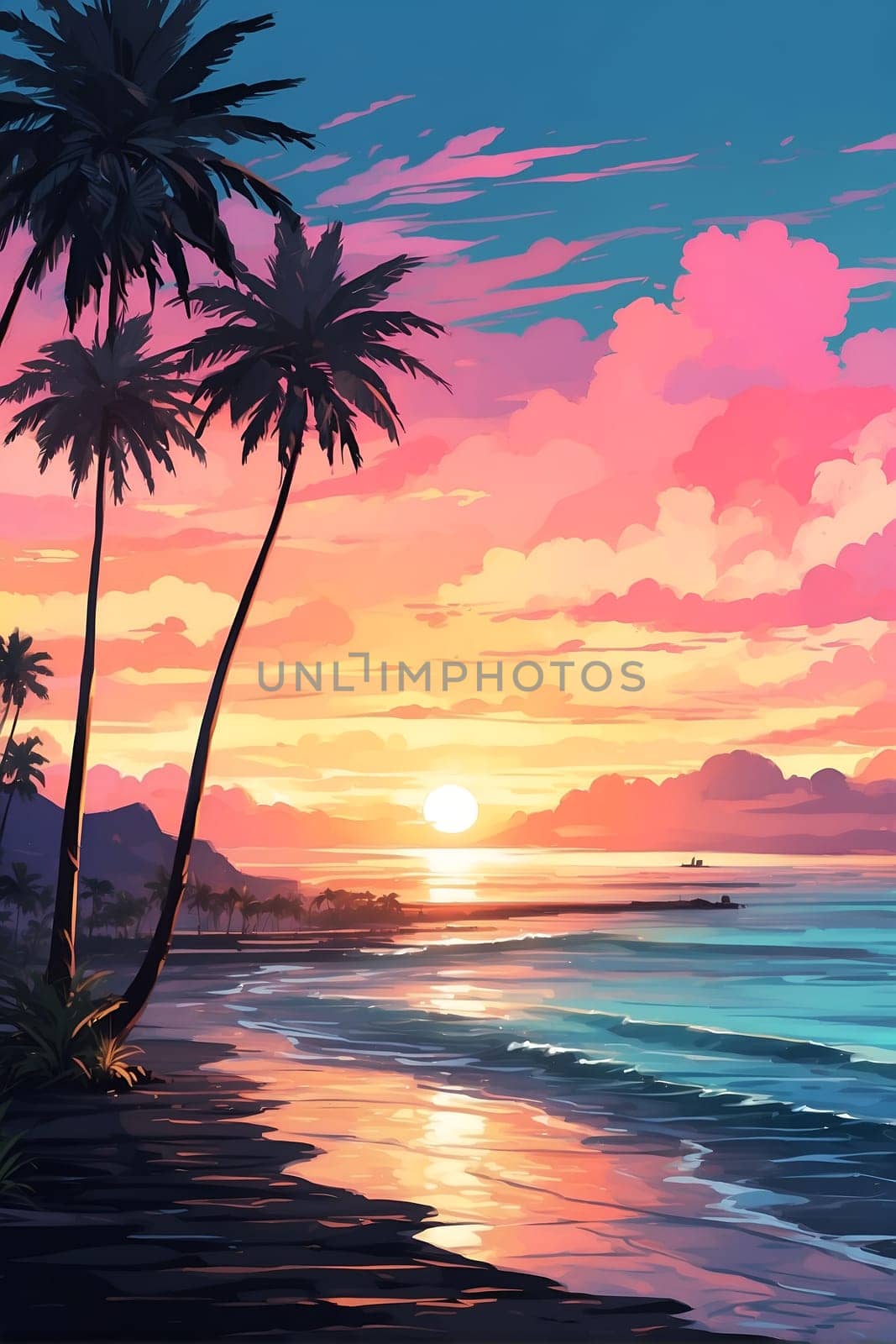 This photo captures a realistic painting of a tropical sunset with palm trees, showcasing vibrant colors and a serene atmosphere.