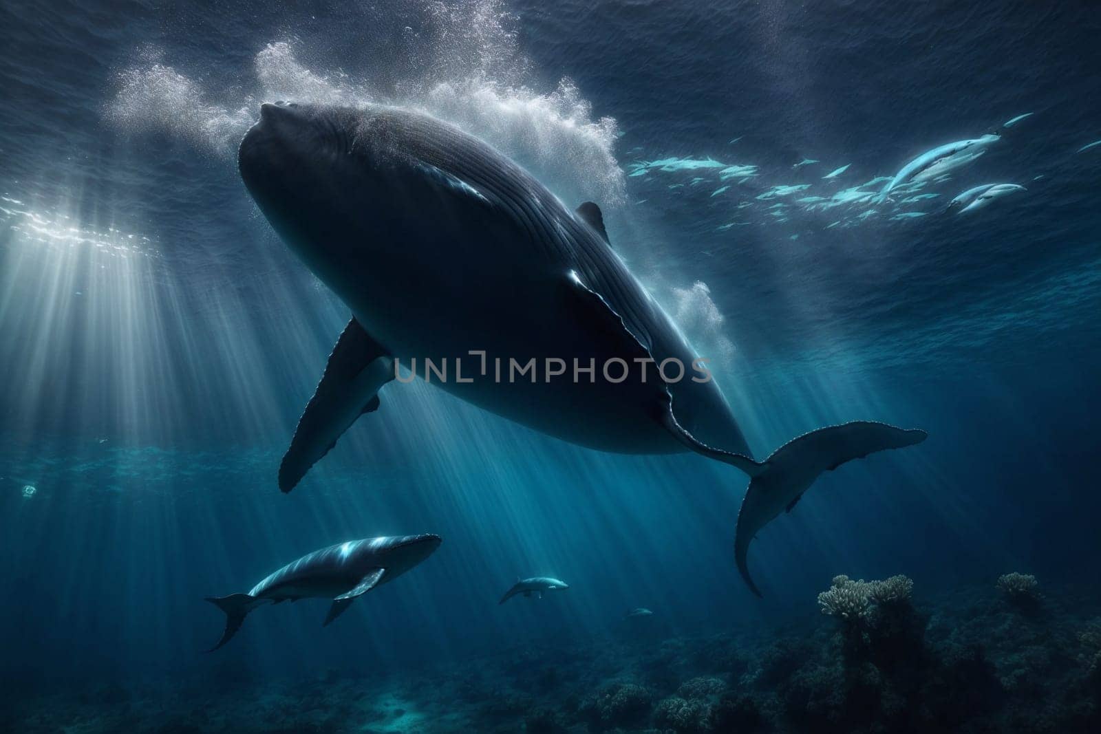 Two dolphins gracefully swim together in the ocean, with rays of sunlight streaming through the crystal-clear water.