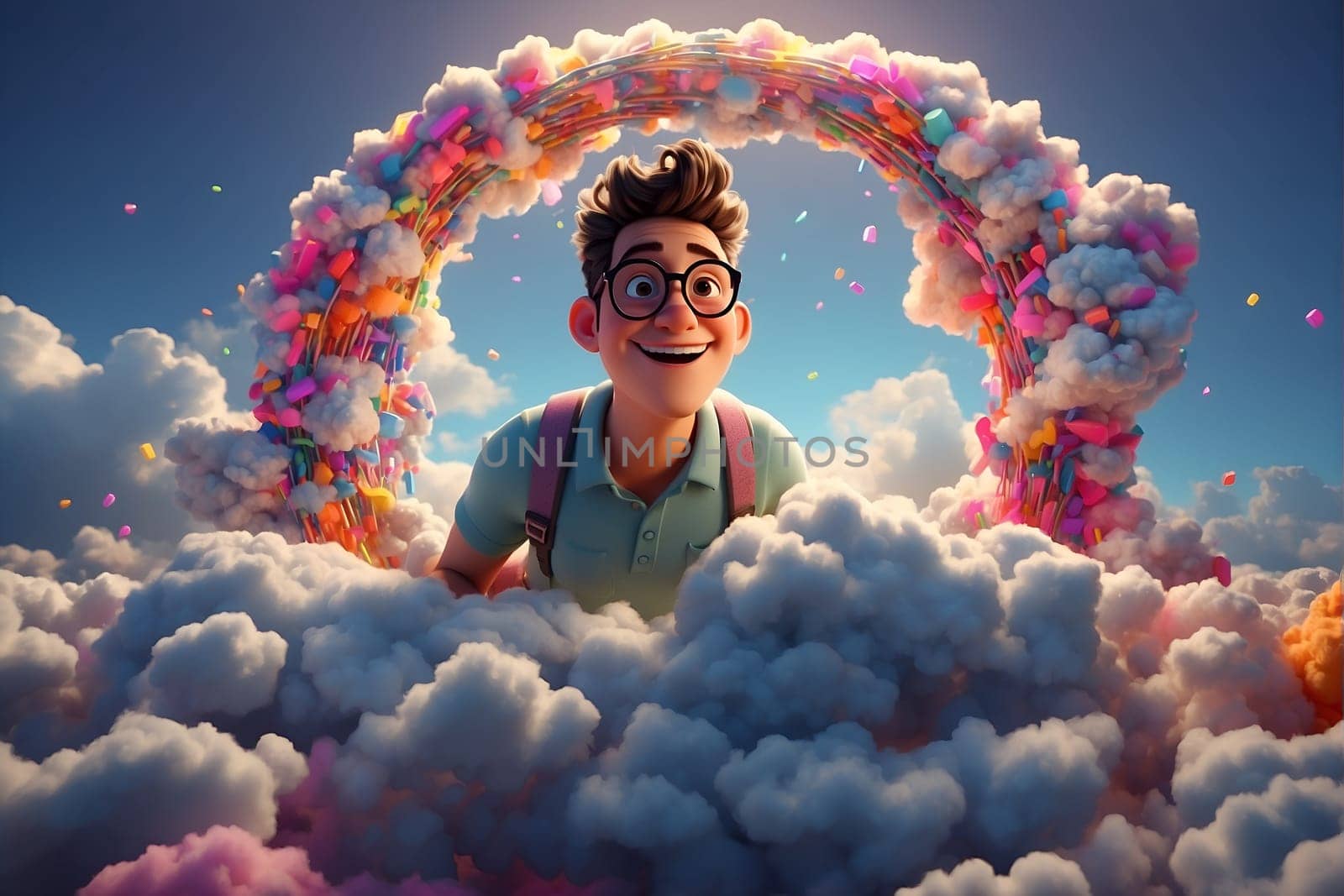 A man stands in the clouds with a rainbow arch in the background.