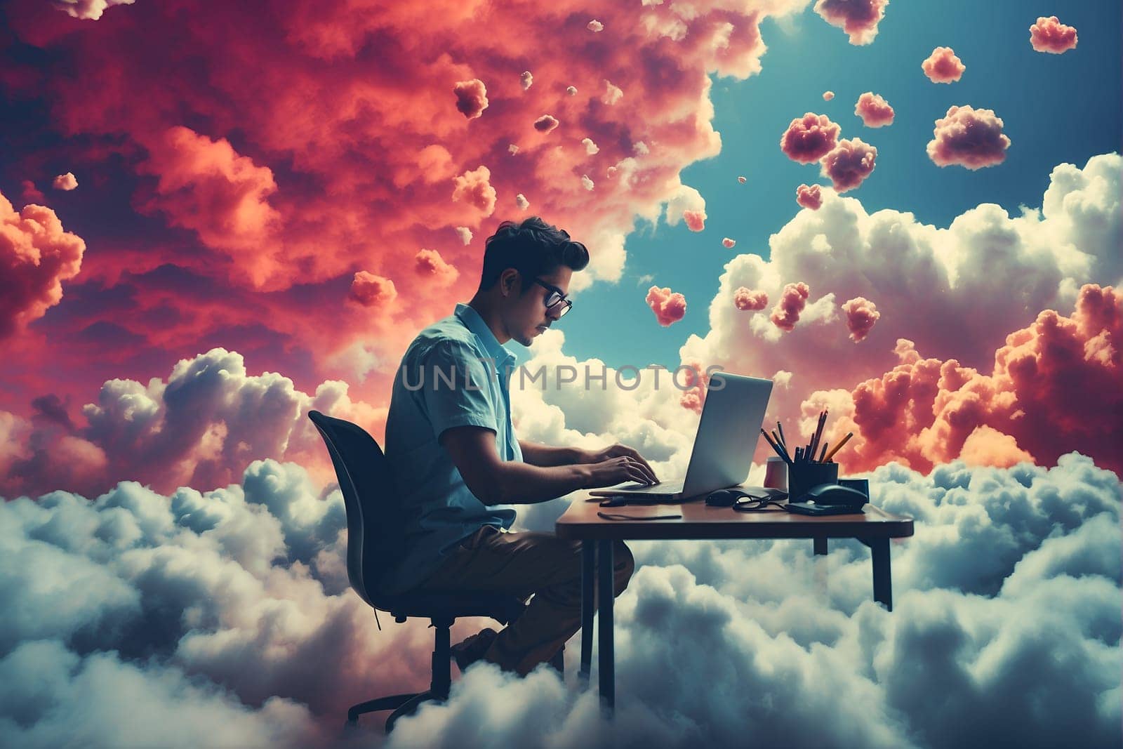 A man is seated at a desk, using a laptop, in an environment surrounded by fluffy clouds.