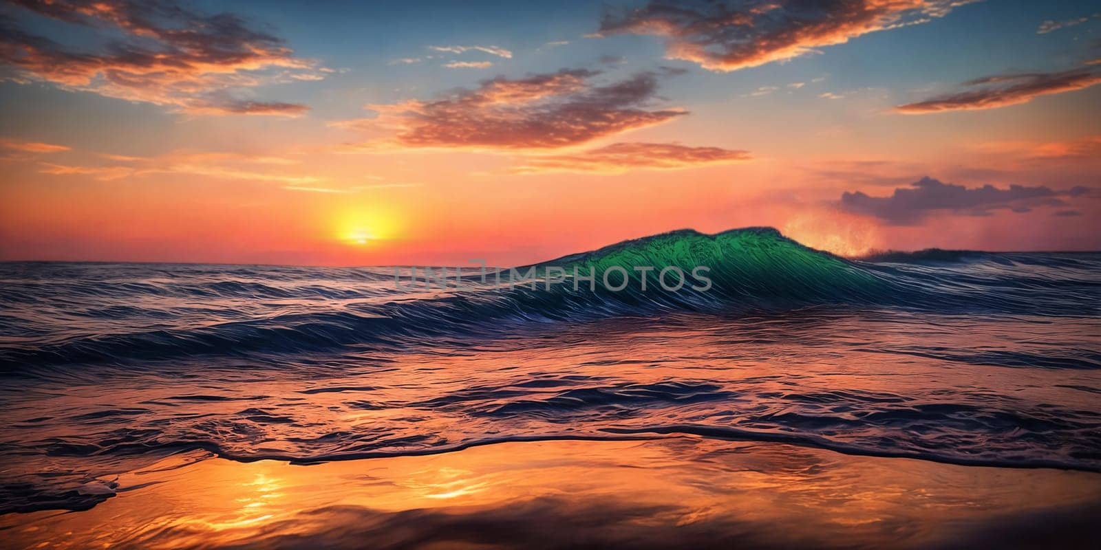 Sunset over the sea, waves on the foreground, panorama