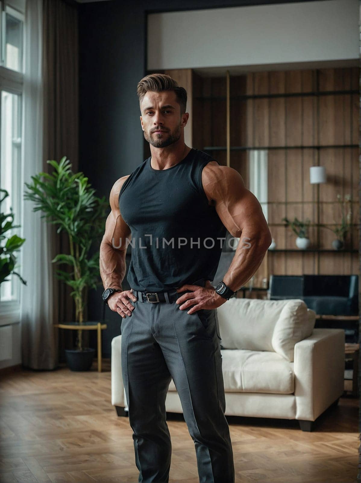 A man stands confidently in a well-lit living room, with his hands placed firmly on his hips.