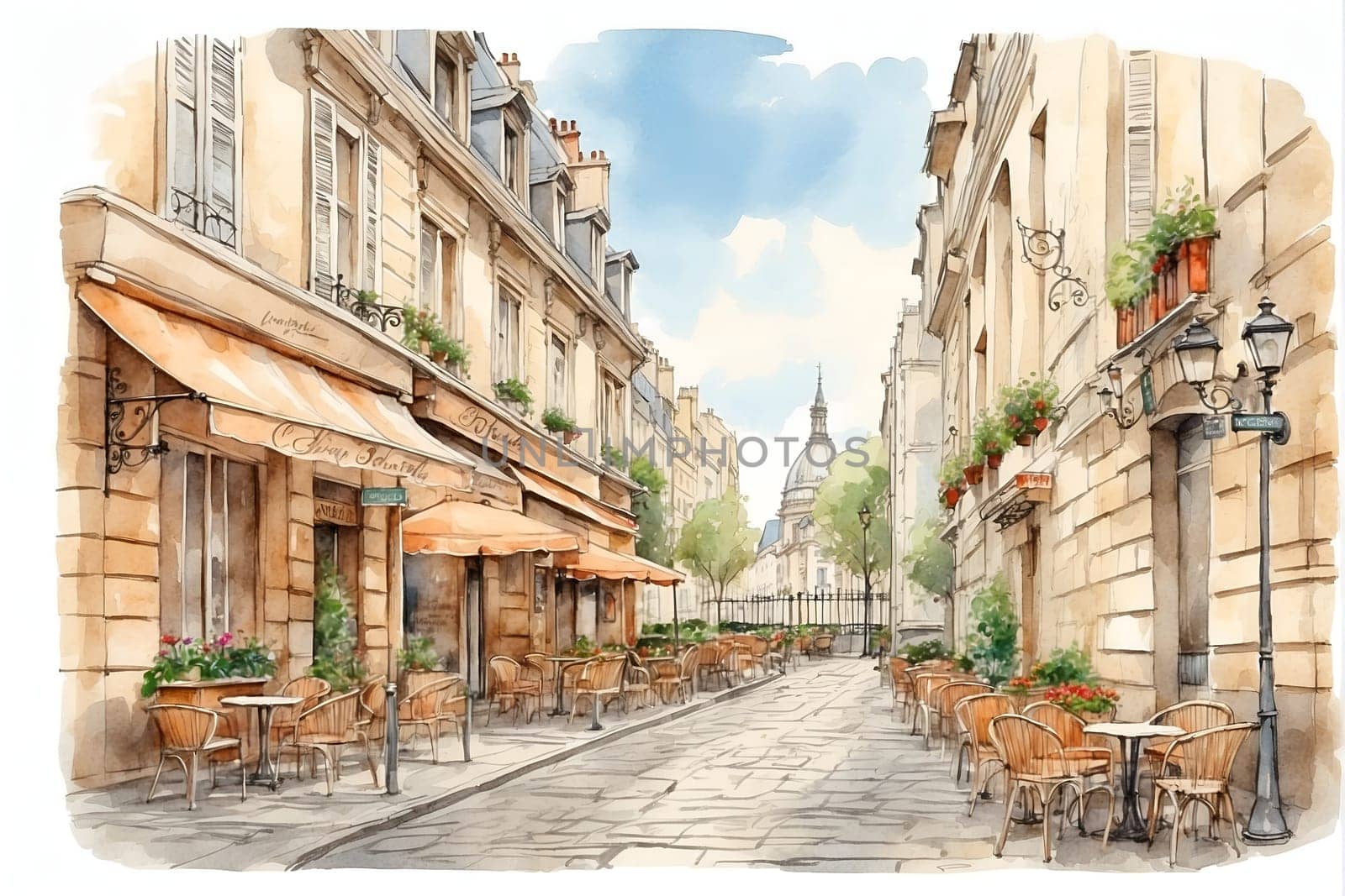 A Painting of a Street With Tables and Chairs. Generative AI. by artofphoto