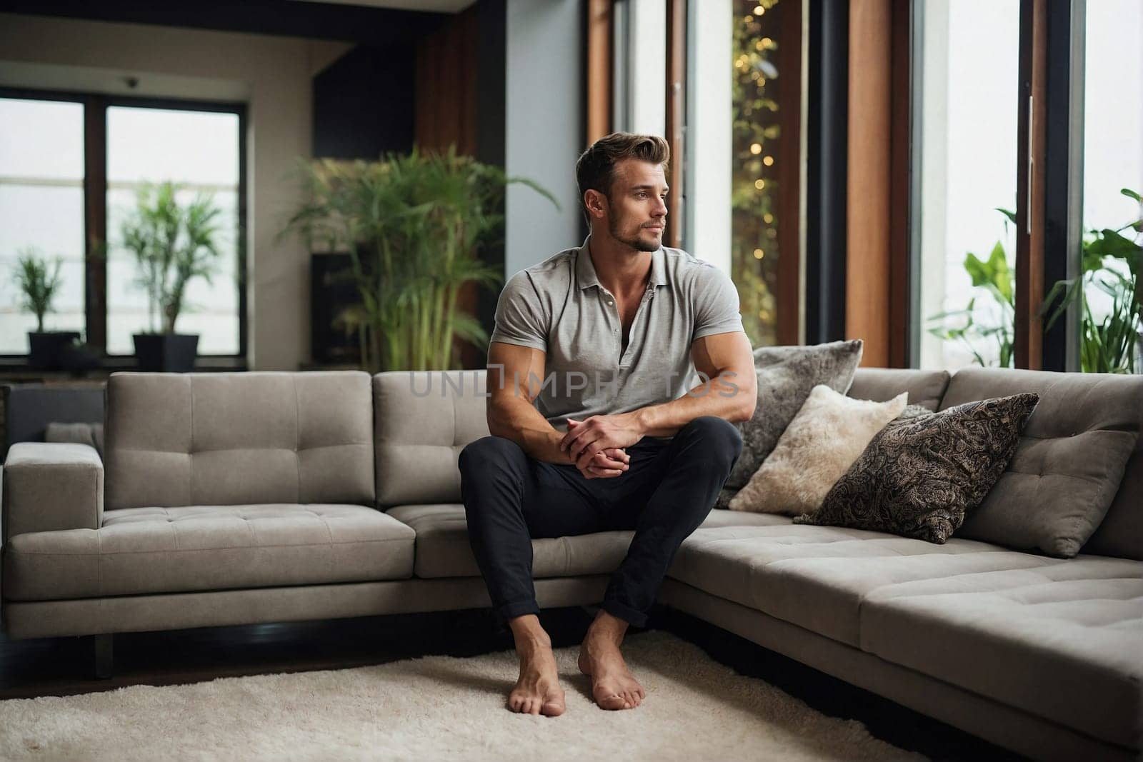 A man sitting on a couch in a living room, relaxing and engaging with his surroundings.