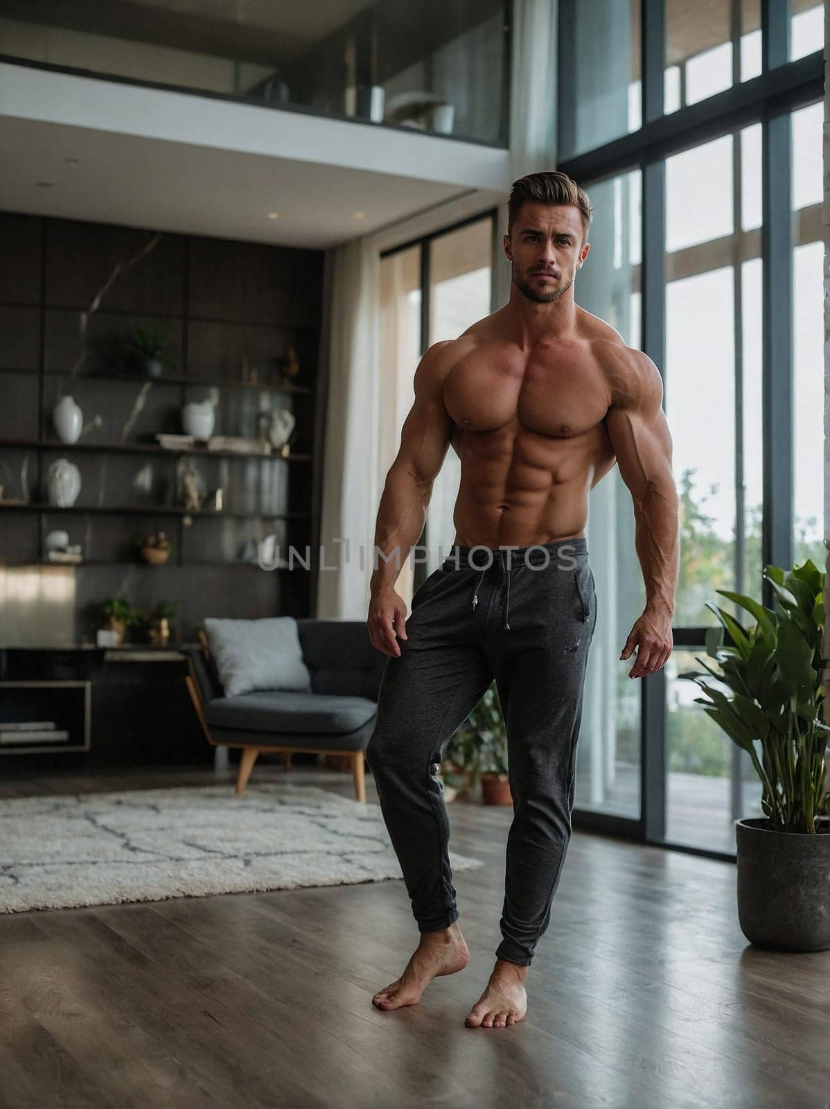 A shirtless man standing confidently in a well-lit living room adorned with modern furniture and vibrant decor.