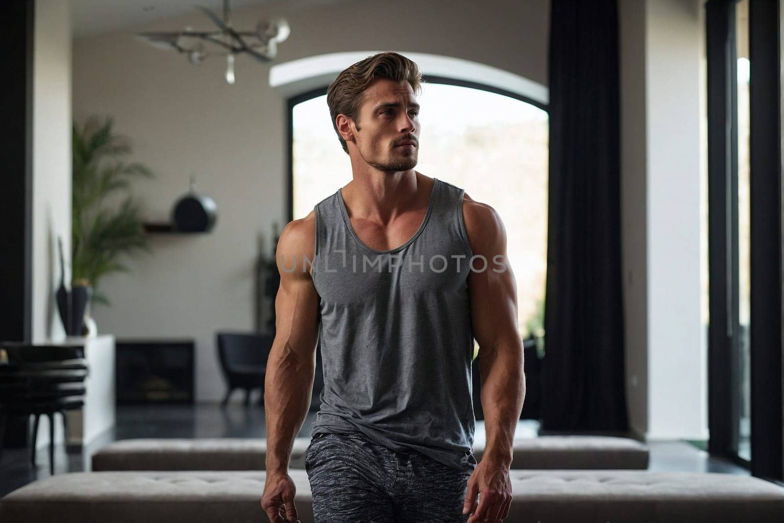 A man standing next to a couch in a living room, with natural light filtering through the windows.