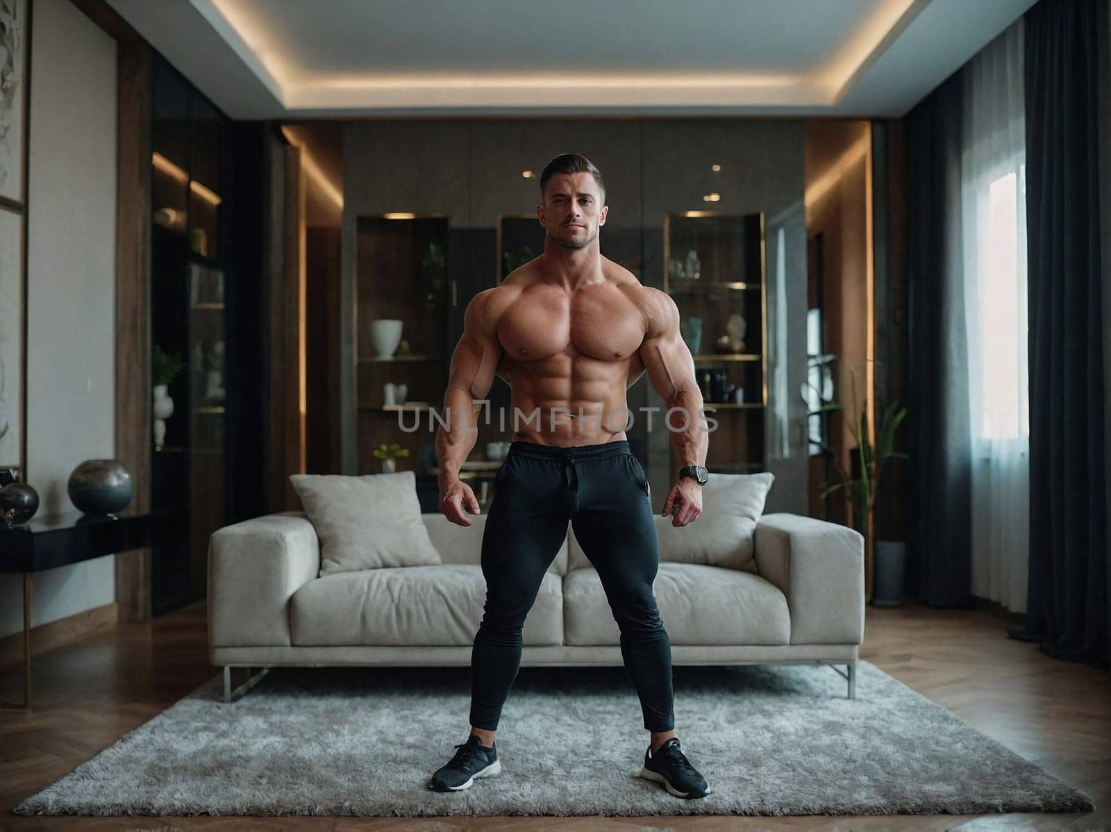 A shirtless man standing inside a living room, showcasing a calm and casual atmosphere.