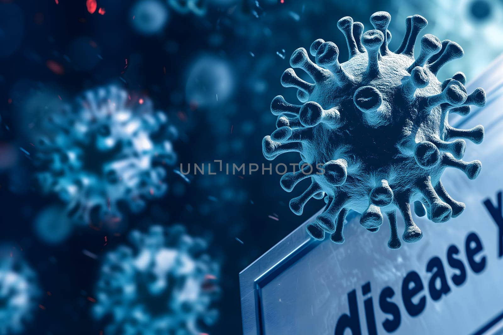 Disease X conceptual composition with coronaviruses for new pandemic topic. Neural network generated image. Not based on any actual scene or pattern.