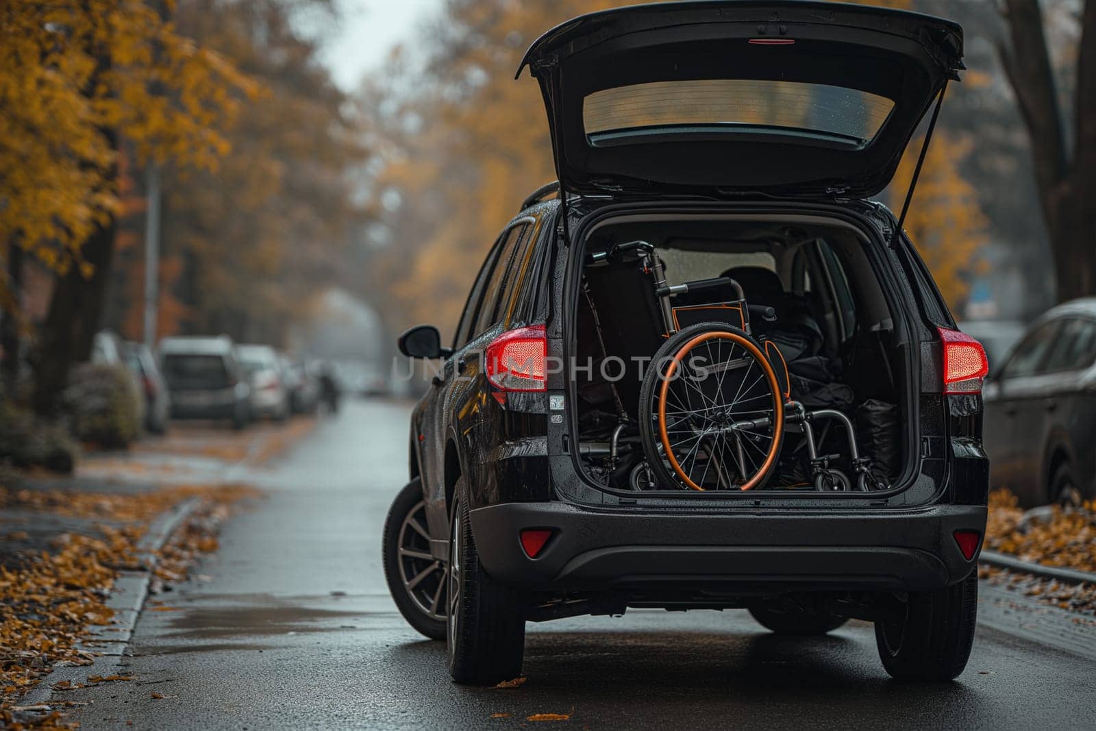 Wheelchair in open car trunk.