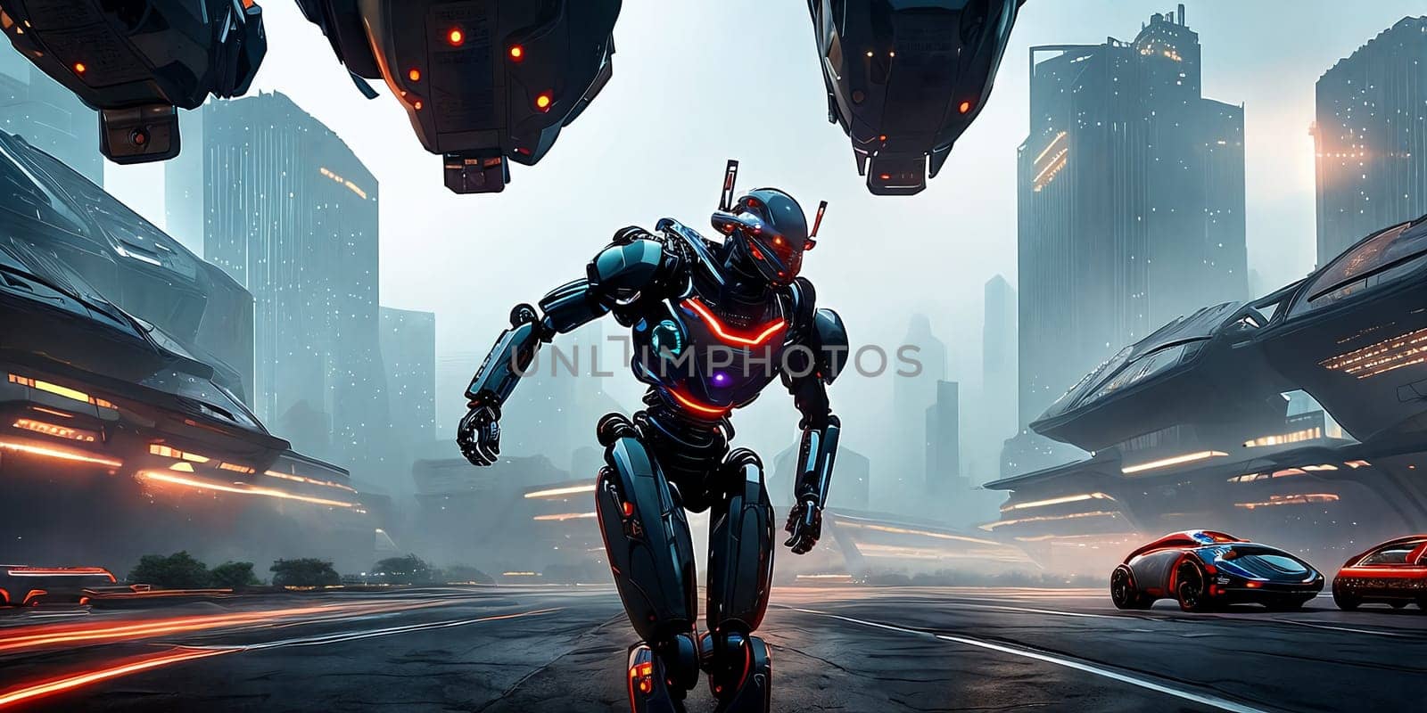 In a futuristic world ruled by AI and robotics, androids, cyborgs, and intelligent machines operate in an automated setting, showcasing advanced technology at its peak.