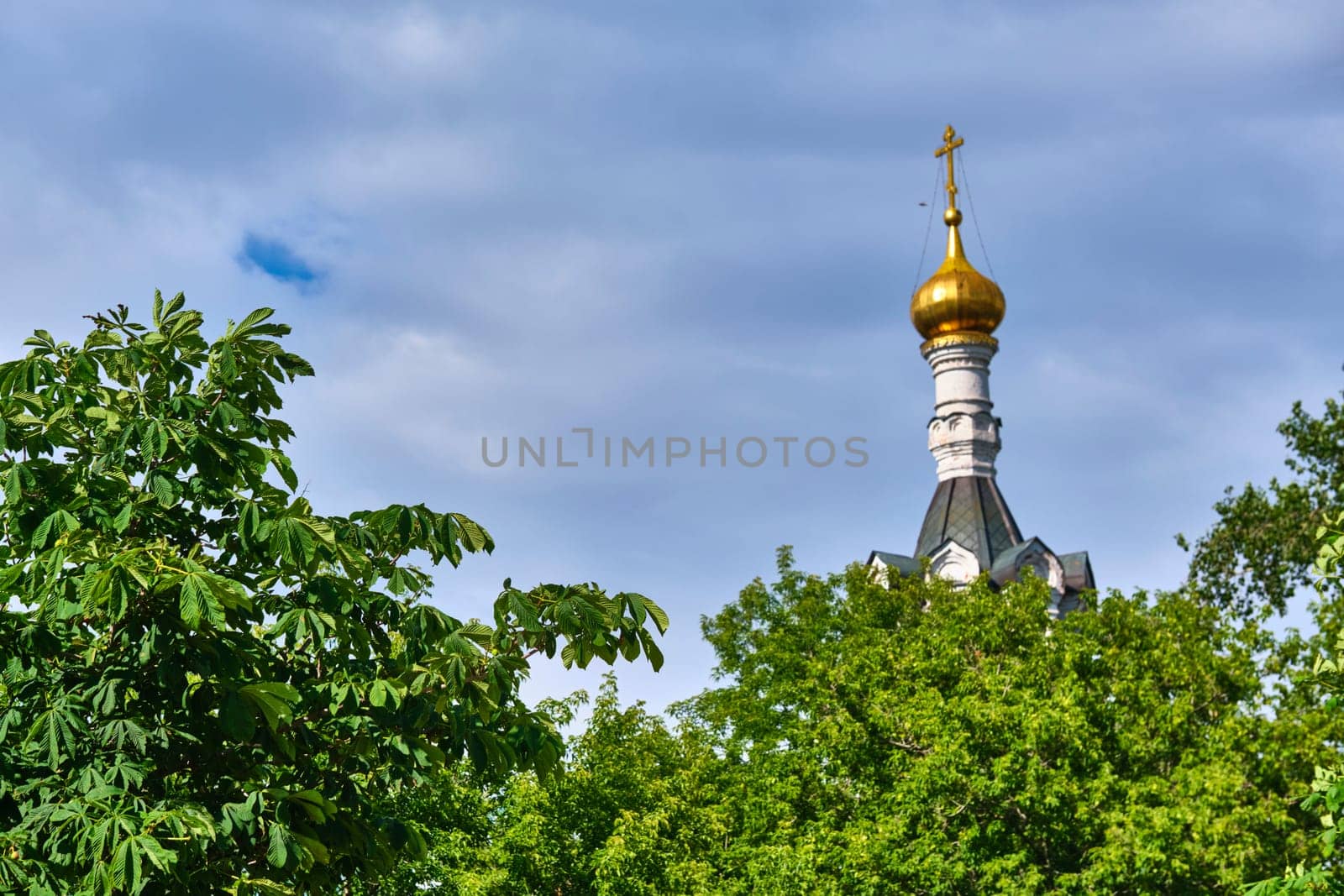 Russia-2020. Church domes of the Orthodox Church behind the trees. general plan. daylight