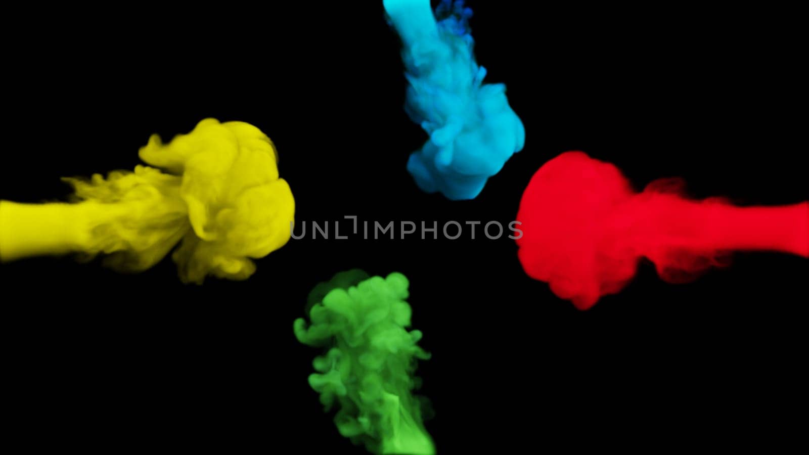 Clubs of multi-colored smoke collide from four sides on a black background. 3d illustration. by mrwed54