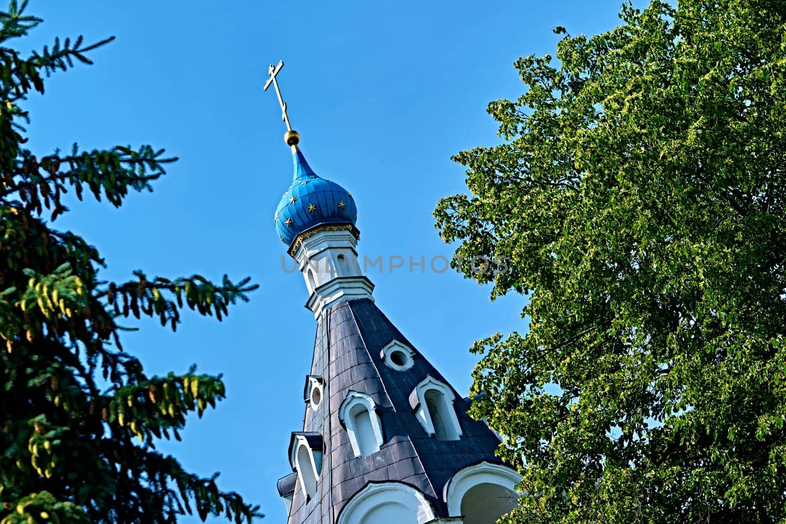 Russia-2020. Church domes of the Orthodox Church behind the trees. general plan. daylight