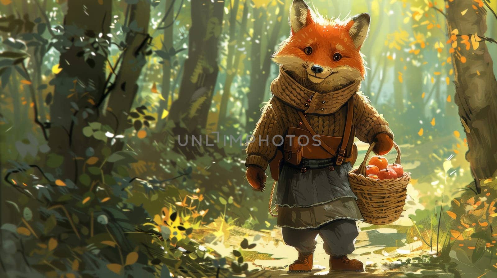 A cartoon fox with a basket of apples in the woods