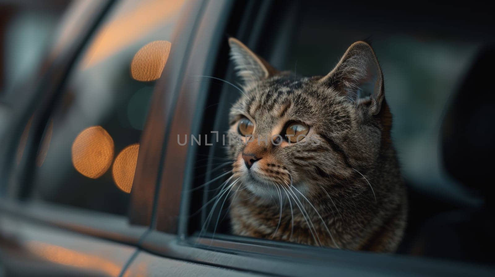 A cat sitting in the window of a car looking out