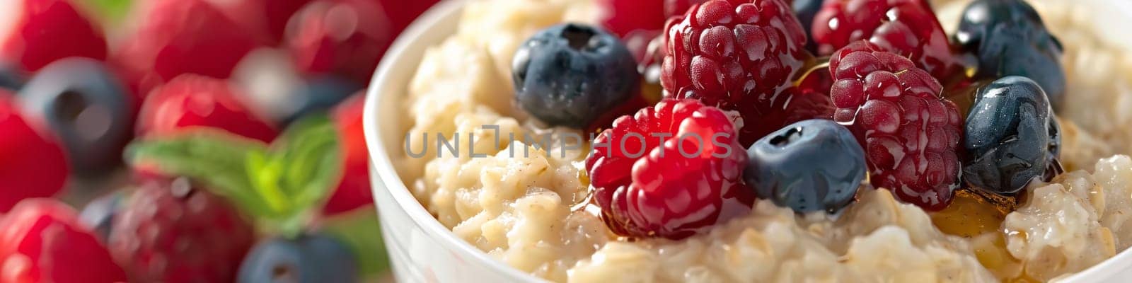 A bowl of oatmeal with berries and mint leaves in it, AI by starush