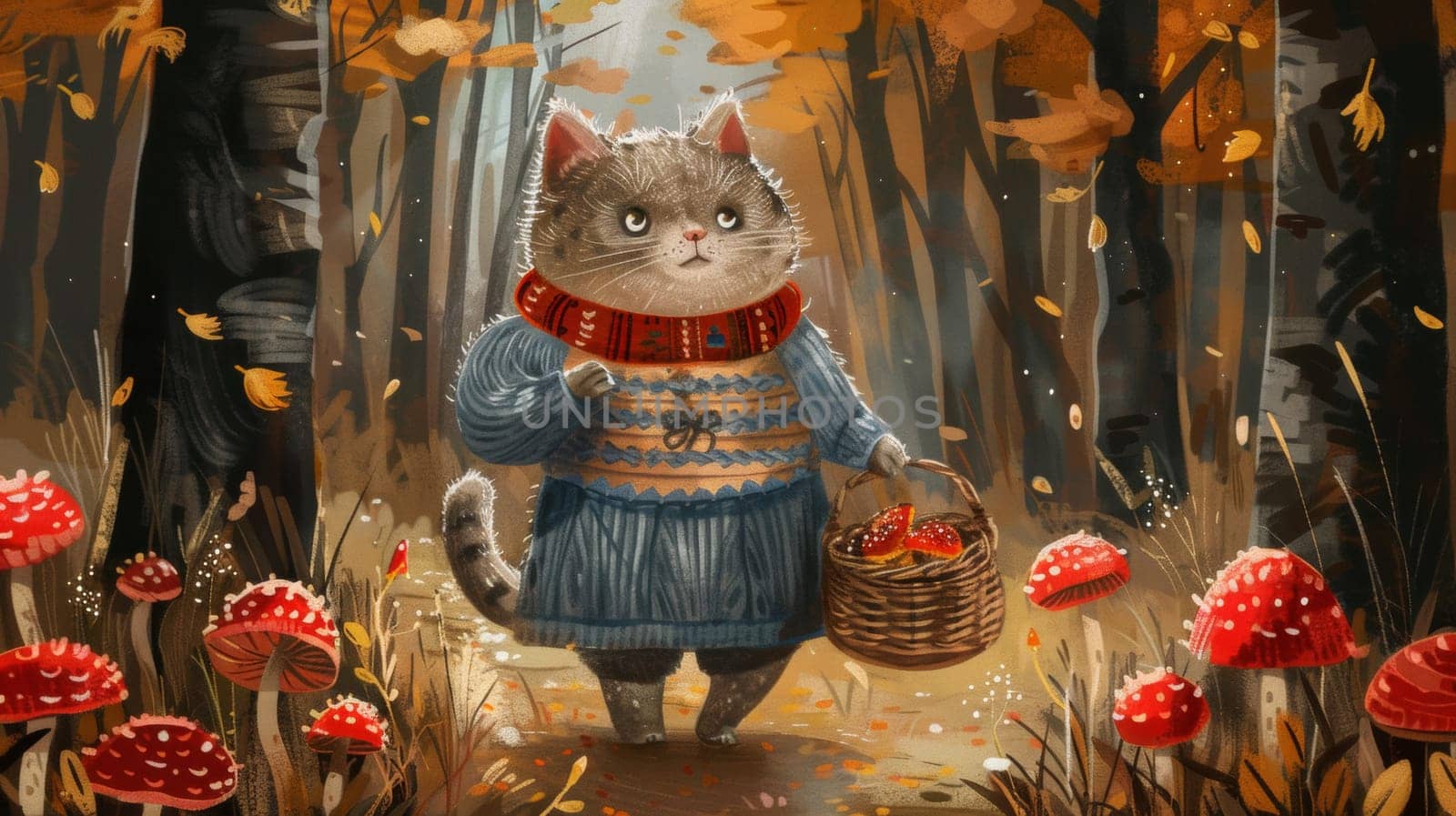 A painting of a cat in an autumn forest holding a basket