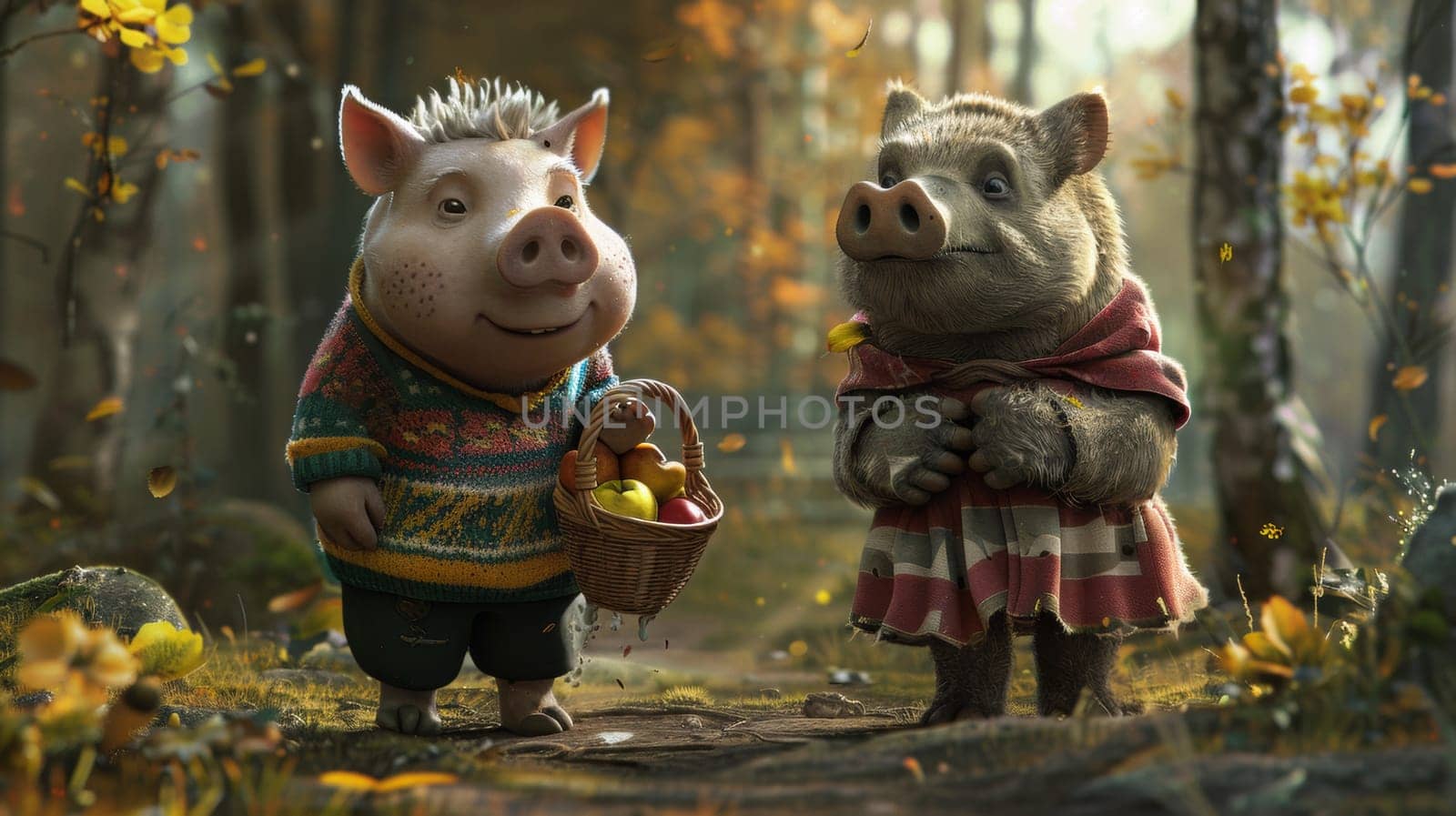 Two pigs are standing next to each other in a forest
