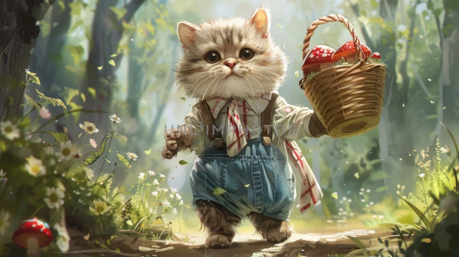 A cat in overalls holding a basket of mushrooms