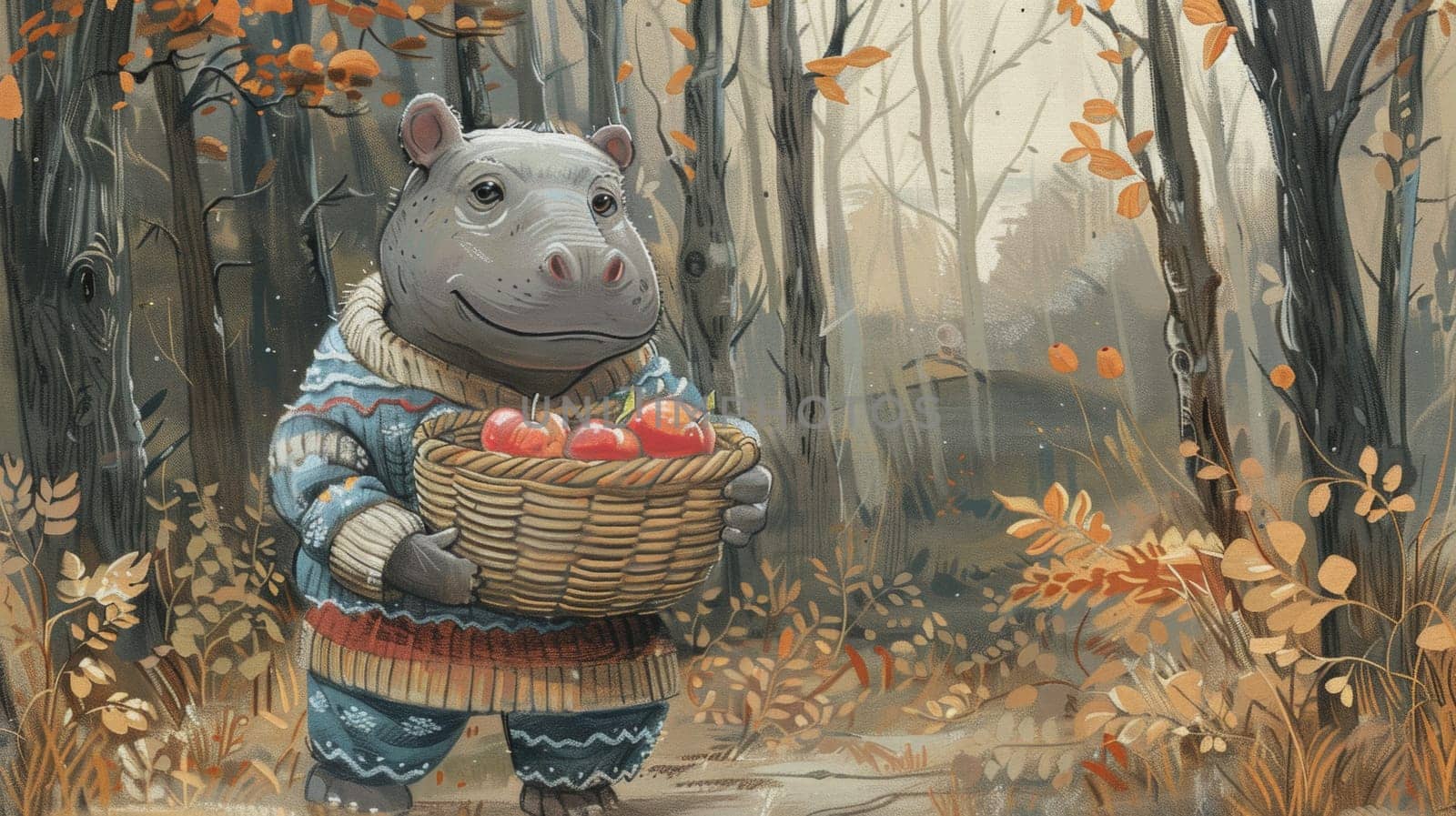 A cartoon hippo holding a basket of apples in the woods