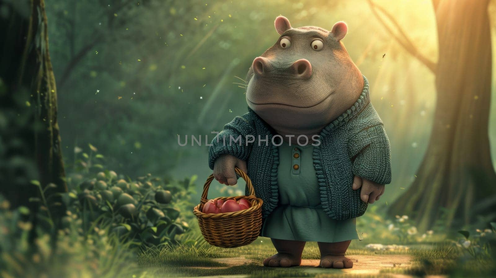 A cartoon hippo with basket of apples in the woods
